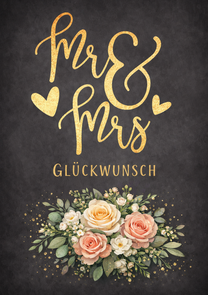 Wedding card with gold lettering and rose bouquet
