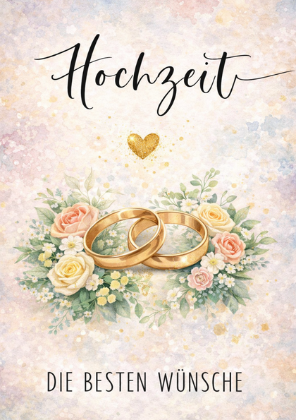 Wedding card with two gold rings and floral bouquet