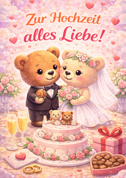 Wedding card with teddy bear bride and groom