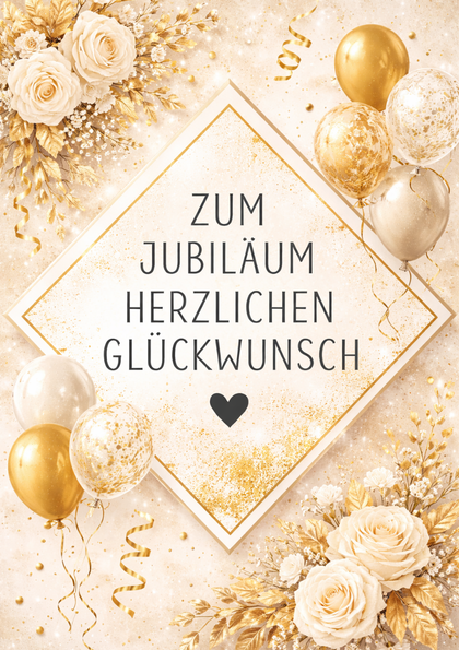 Golden anniversary greeting card with roses and balloons
