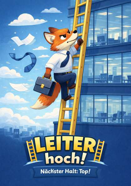 Cartoon fox in suit climbing a ladder beside an office