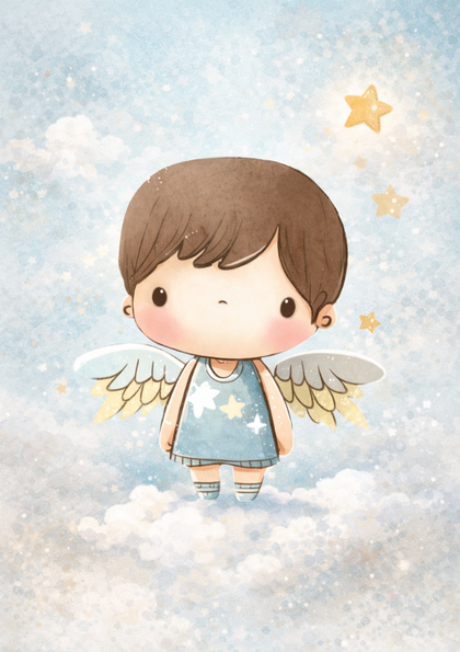Cute angel child illustration on fluffy clouds