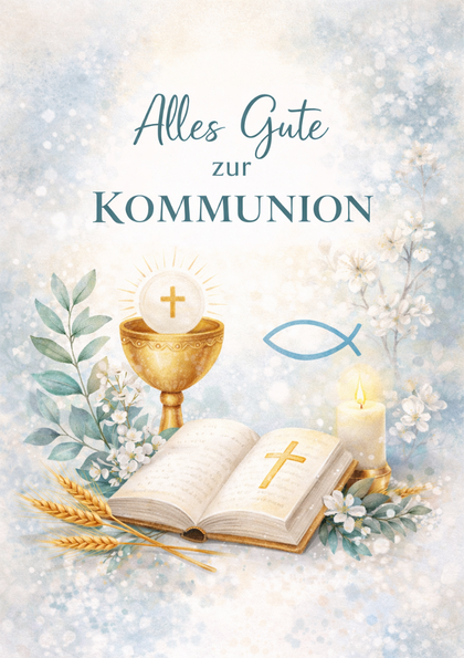 Communion greeting card with chalice and open Bible