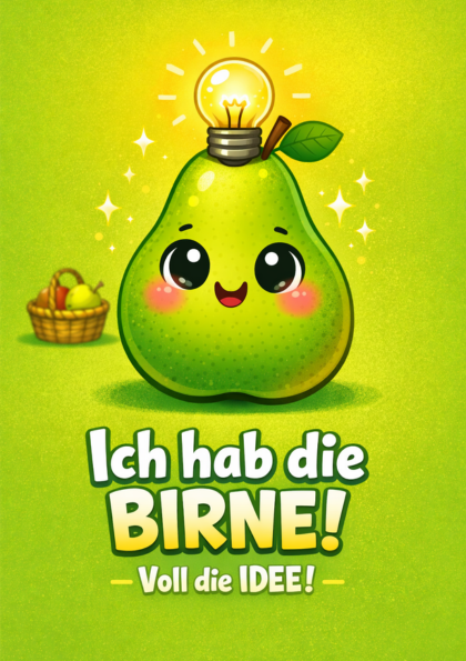 Smiling pear character with a glowing lightbulb