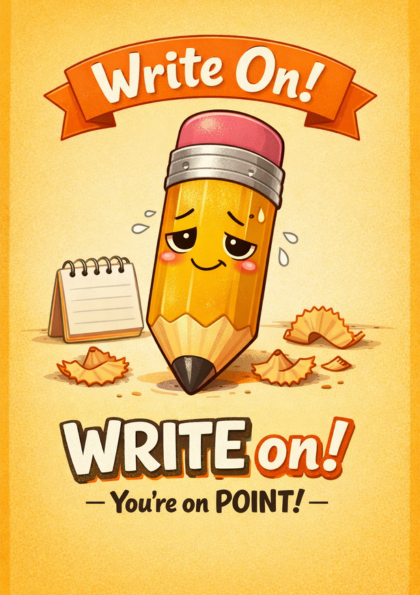 Cartoon pencil with notepad and pencil shavings
