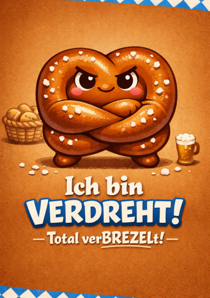 Cartoon pretzel with crossed arms and playful scowl