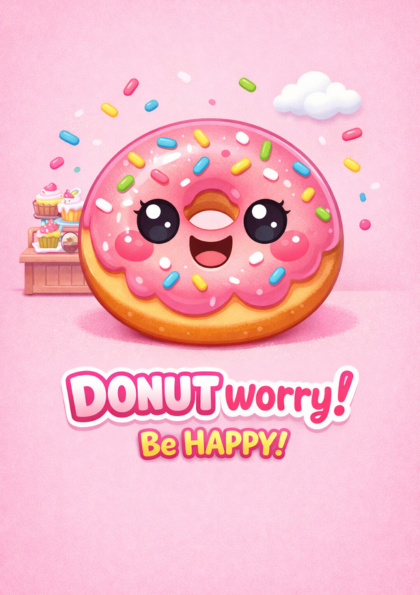 Smiling pink donut with colorful sprinkles
