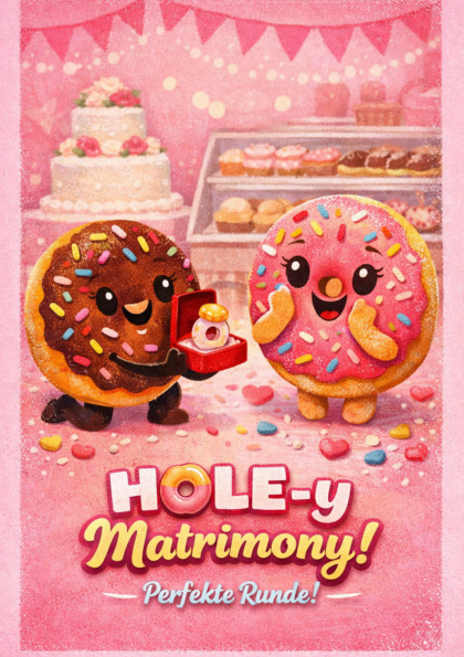 Two cartoon donuts proposing in a bakery