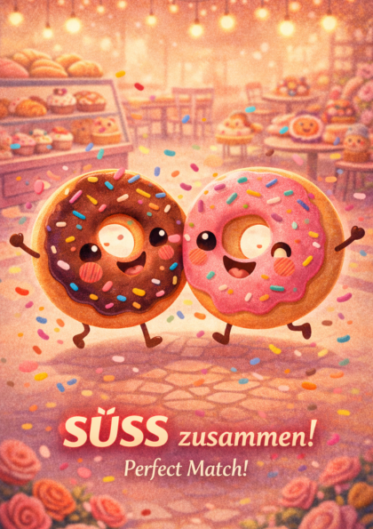 Two smiling sprinkled donuts holding hands