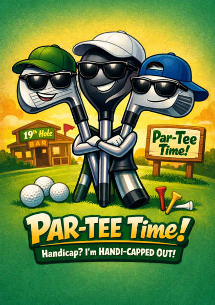 Three animated golf clubs wearing caps and sunglasses