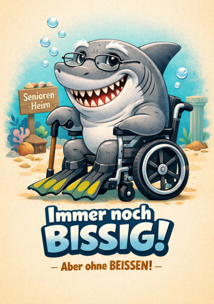 Smiling cartoon shark in wheelchair