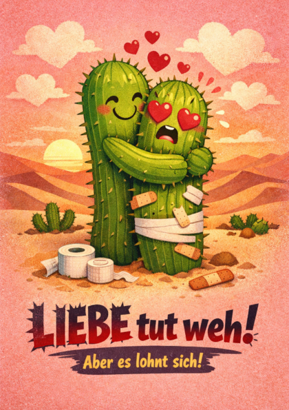 Two hugging cartoon cacti with hearts