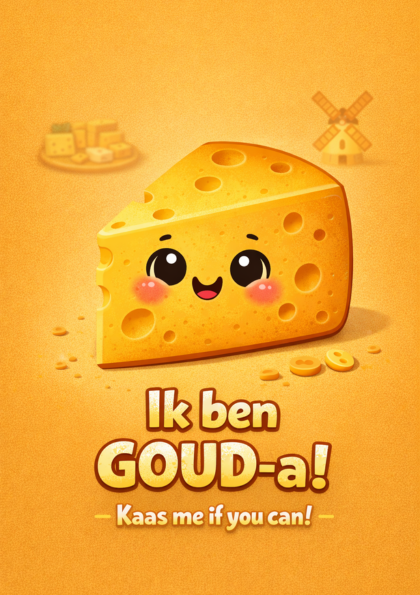 Smiling wedge of cheese with playful caption
