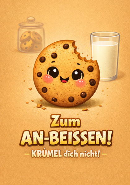 Smiling bitten cookie and glass of milk on card