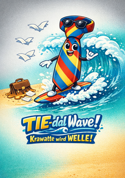 Cartoon tie surfing on a wave