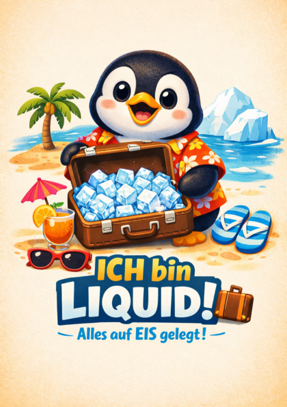 Cartoon penguin with suitcase of ice on beach