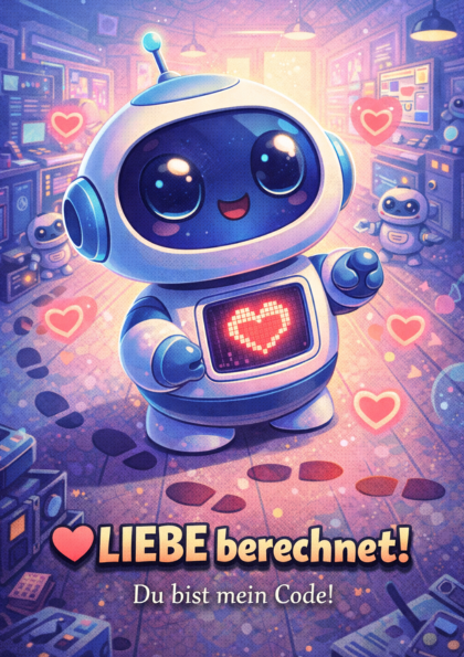 Cute robot greeting card with heart display