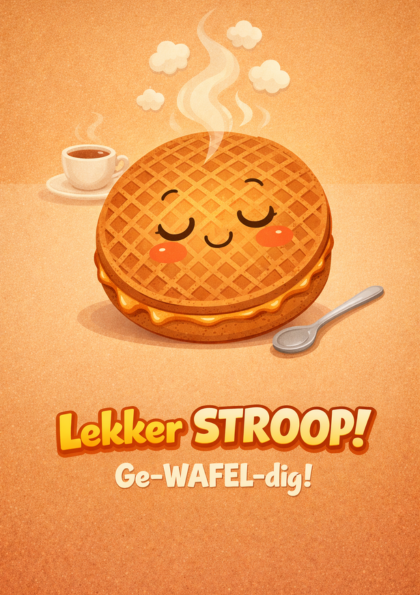 Smiling stroopwafel beside coffee and spoon