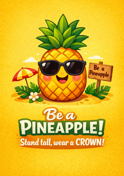 Smiling pineapple wearing sunglasses and crown