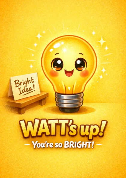 Smiling cartoon light bulb on yellow card