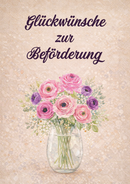 Vase with pink flowers and congratulatory text