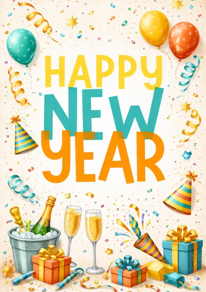 Festive New Year card with champagne and gifts