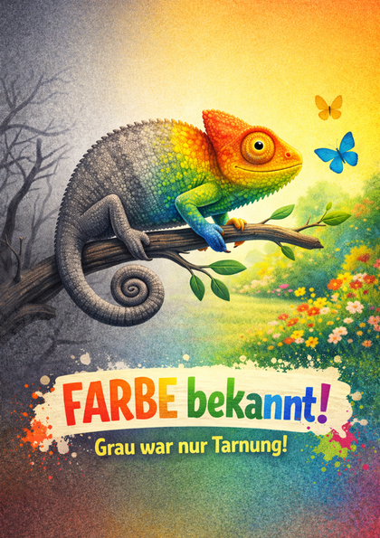 Rainbow chameleon on branch with colorful background