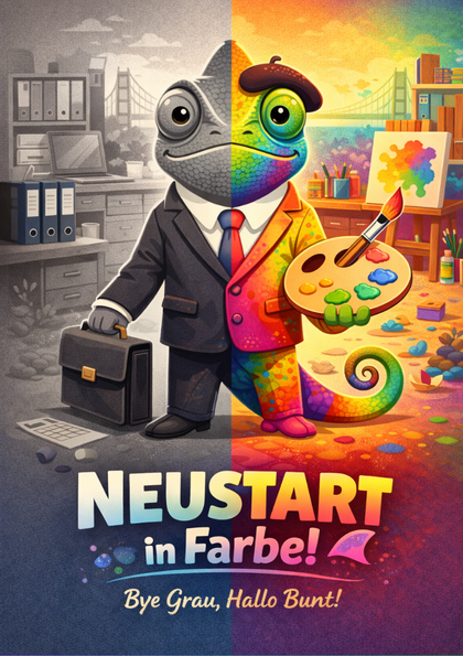 Half-gray, half-color chameleon in suit and artist outfit