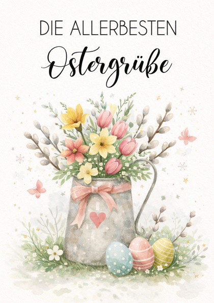 Watercolor Easter card with flowers and painted eggs