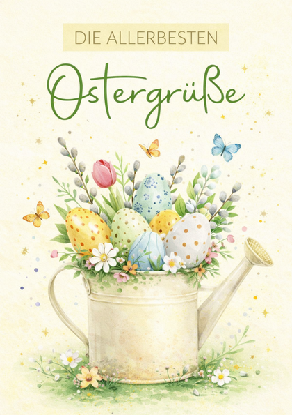 Watering can with Easter eggs and flowers