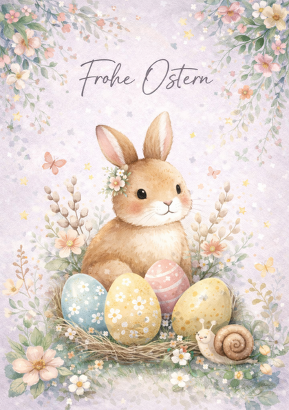 Easter bunny with decorated eggs in nest