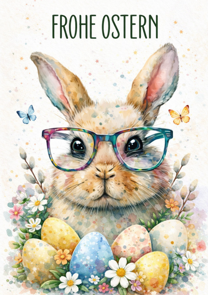 Easter bunny with glasses among eggs and flowers