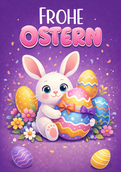 Cute bunny hugging a decorated Easter egg