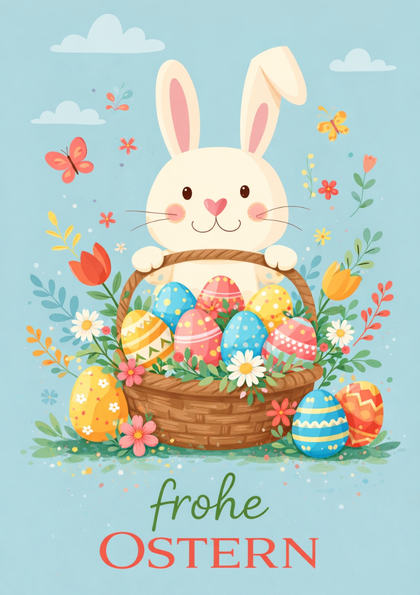 Easter bunny with basket of decorated eggs