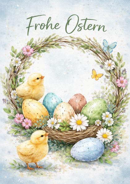 Wreath with pastel eggs and two chicks