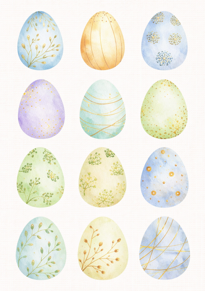 Pastel watercolor Easter eggs in a 3x4 grid