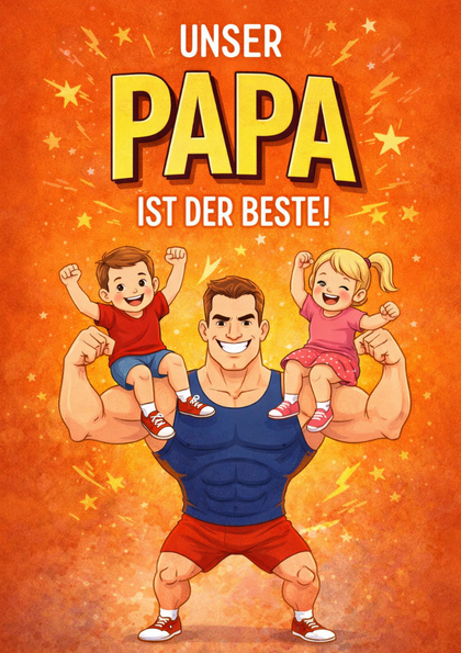 Cartoon of a strong dad holding two children