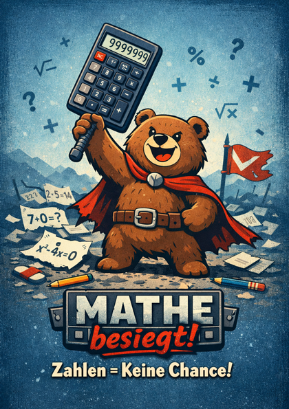 Cartoon bear hero holding a giant calculator