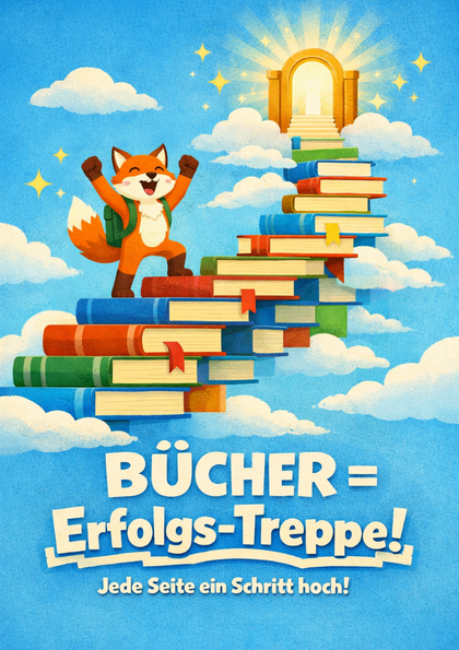 Cheerful fox climbs staircase of books to a golden door
