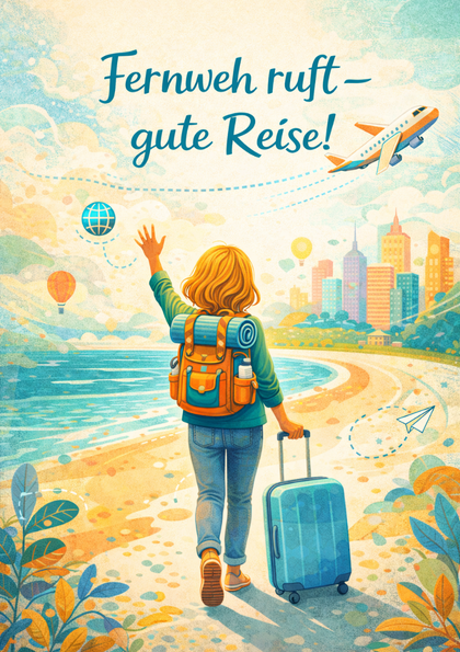 Traveler with backpack and suitcase on a beach
