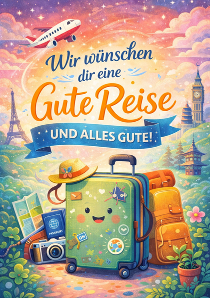 Colorful travel card with a cheerful suitcase