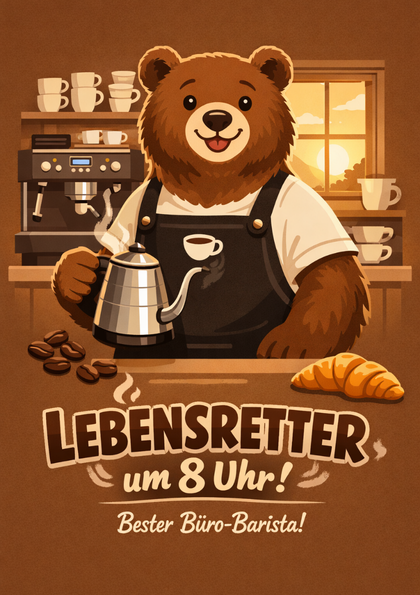 Smiling bear barista holding a coffee kettle