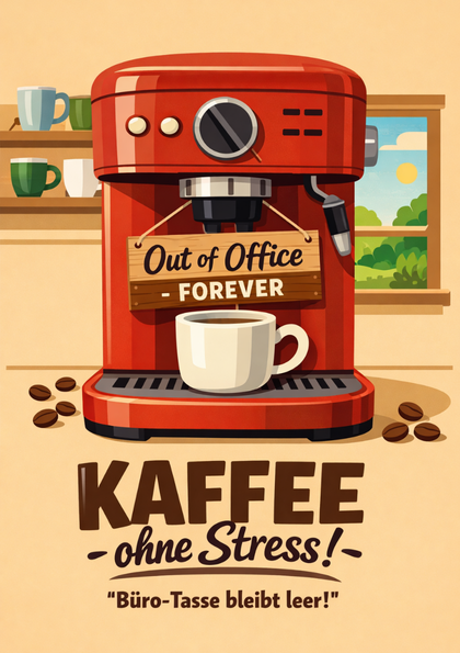 Red espresso machine with 'Out of Office Forever' sign