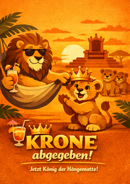 Cartoon lion handing crown to cub at sunset