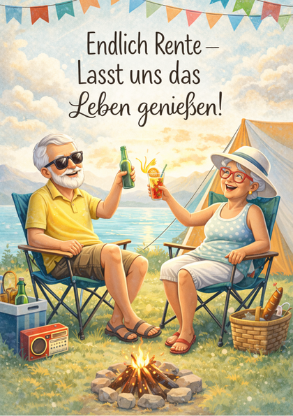 Retirement card: two people toasting by a campfire