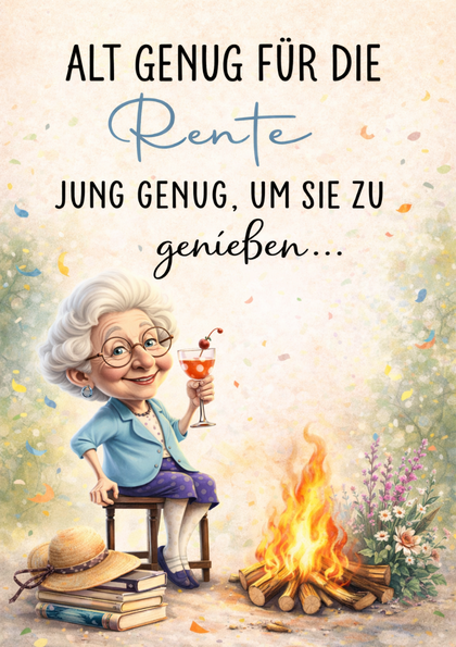Greeting card with elderly woman by a campfire