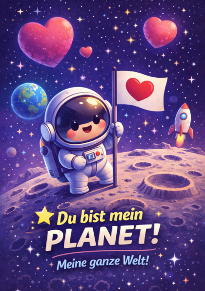 Cute astronaut on moon holding heart flag