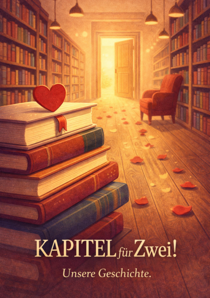 Cozy library with stacked books and a small red heart