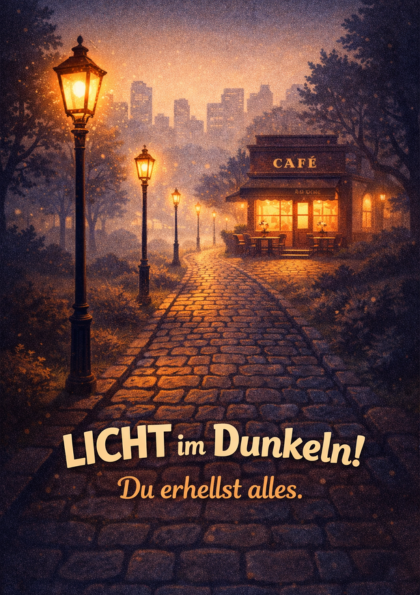 Lit cobblestone path leading to a cozy cafe at night