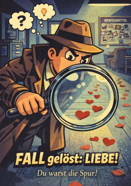 Detective examining trail of heart-shaped clues